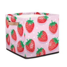 Strawberry Polka Dot 13x13 Collapsible Fabric Storage Cube with Reinforced Leather Handles for Clothes and Toys