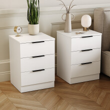 (White) Trega 3 Drawer Bedside Cabinets Wooden Set of 2