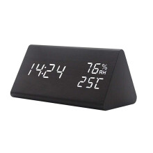 Digital Wooden LED Alarm Clock Triangle with Temperature Humidity Display Voice Control Rechargeable