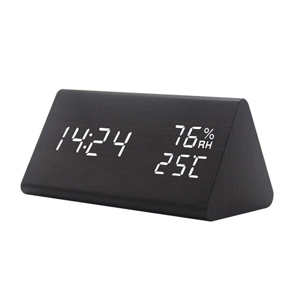 Digital Wooden Led Alarm Clock Triangle With Temperature Humidity Display Voice Control Rechargeable 9174973044178