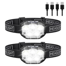 2 Stück Starkes Licht, 5 LEDs, Tragbare Kopflampe, USB Wiederaufladbar, Outdoor, Radfahren, Wandern, Nachtangeln, Sensor-Scheinwerfer