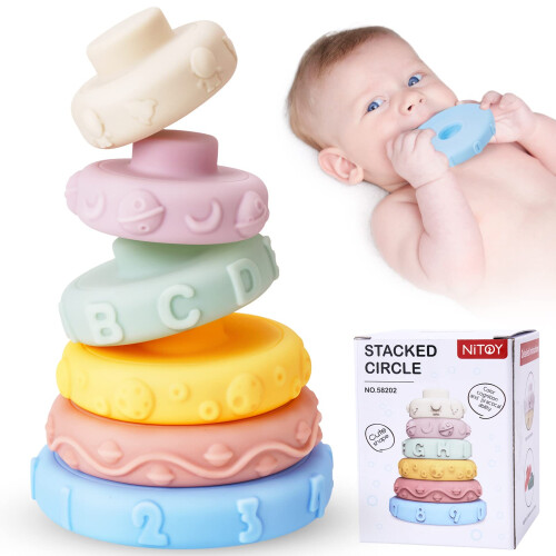 Silicone Stacking Ring Teether Toy with Soft Nesting Rings for Baby Early Learning Play