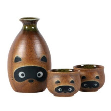 Japanese Tanuki Raccoon Sake Set, 3 Piece Ceramic Tokkuri and Ochoko Complete Serving Gift