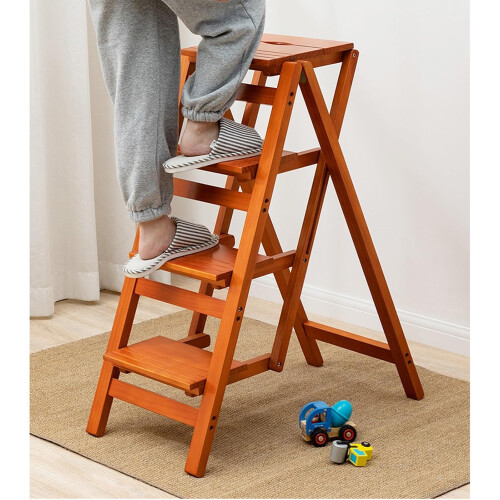 Folding Step Stool Solid Wood 2 Step Ladder Chair with Hidden Storage for Home Use White 2