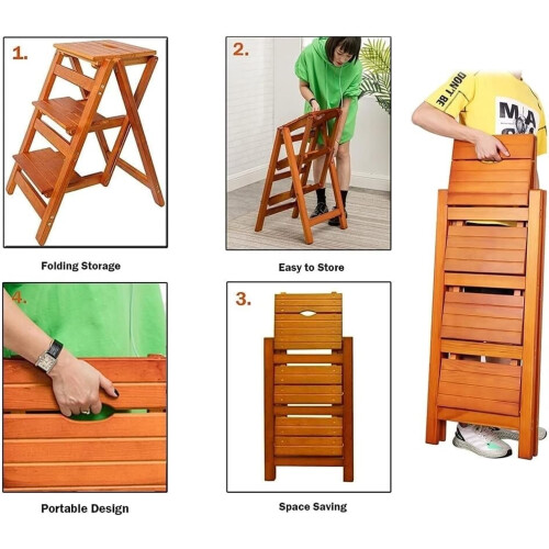 Folding Step Stool Solid Wood 2 Step Ladder Chair with Hidden Storage for Home Use White 1
