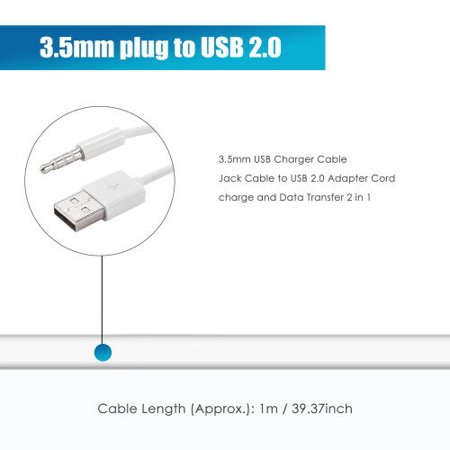 3.5mm Plug Audio AUX to USB 2.0 Plug Adapter Charging Cable 1M White 1