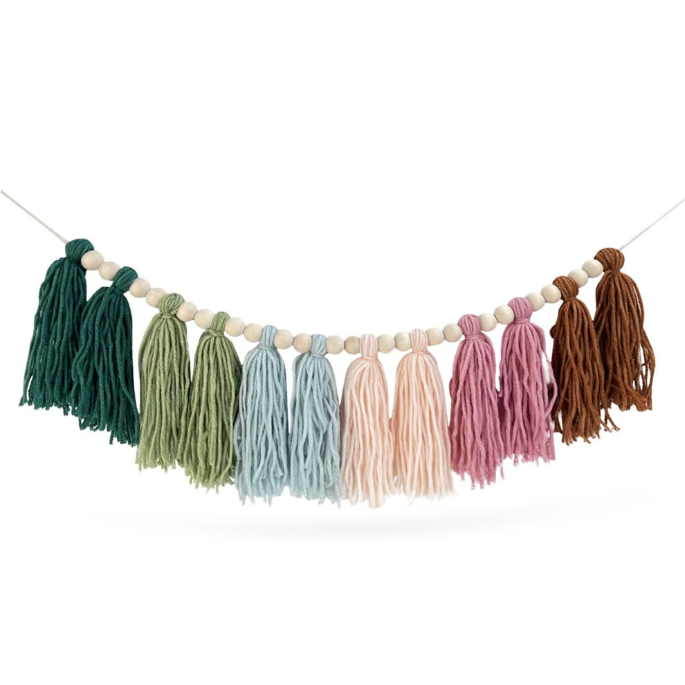 Boho Wall Hanging Rainbow Tassel Garland with Wood Beads for Nursery Bedroom Kids Room Decor