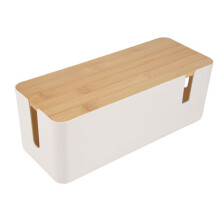 Cable Management Box with Bamboo Lid Small Cable Organizer Box for Extension Cord Power Stripe Surge Protector(White)
