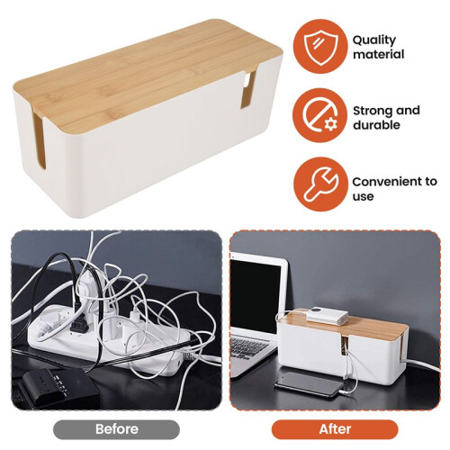 Cable Management Box with Bamboo Lid Small Cable Organizer Box for Extension Cord Power Stripe Surge Protector(White) 2