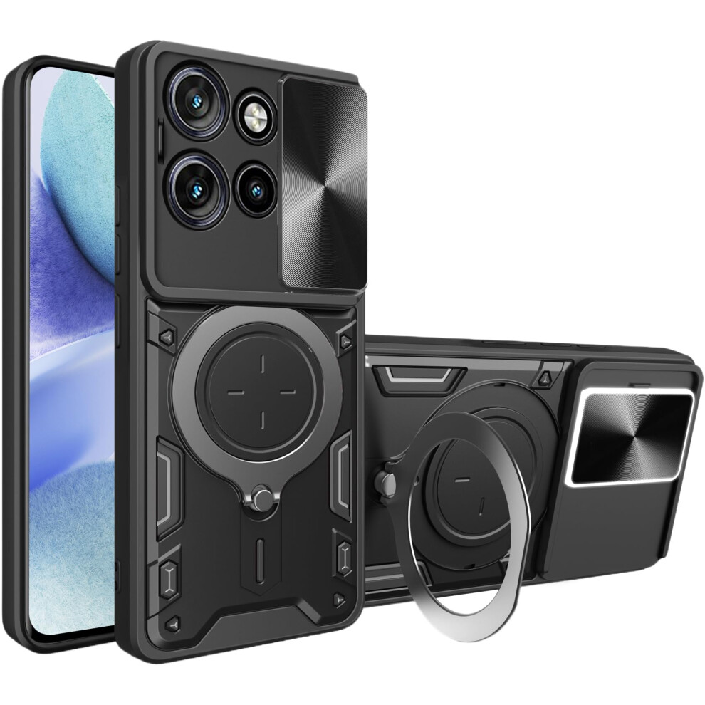 Case With Slide Camera Cover, Military Grade Shockproof Ring Kickstand, For Motorola Edge 50 Neo Black 9073542373315