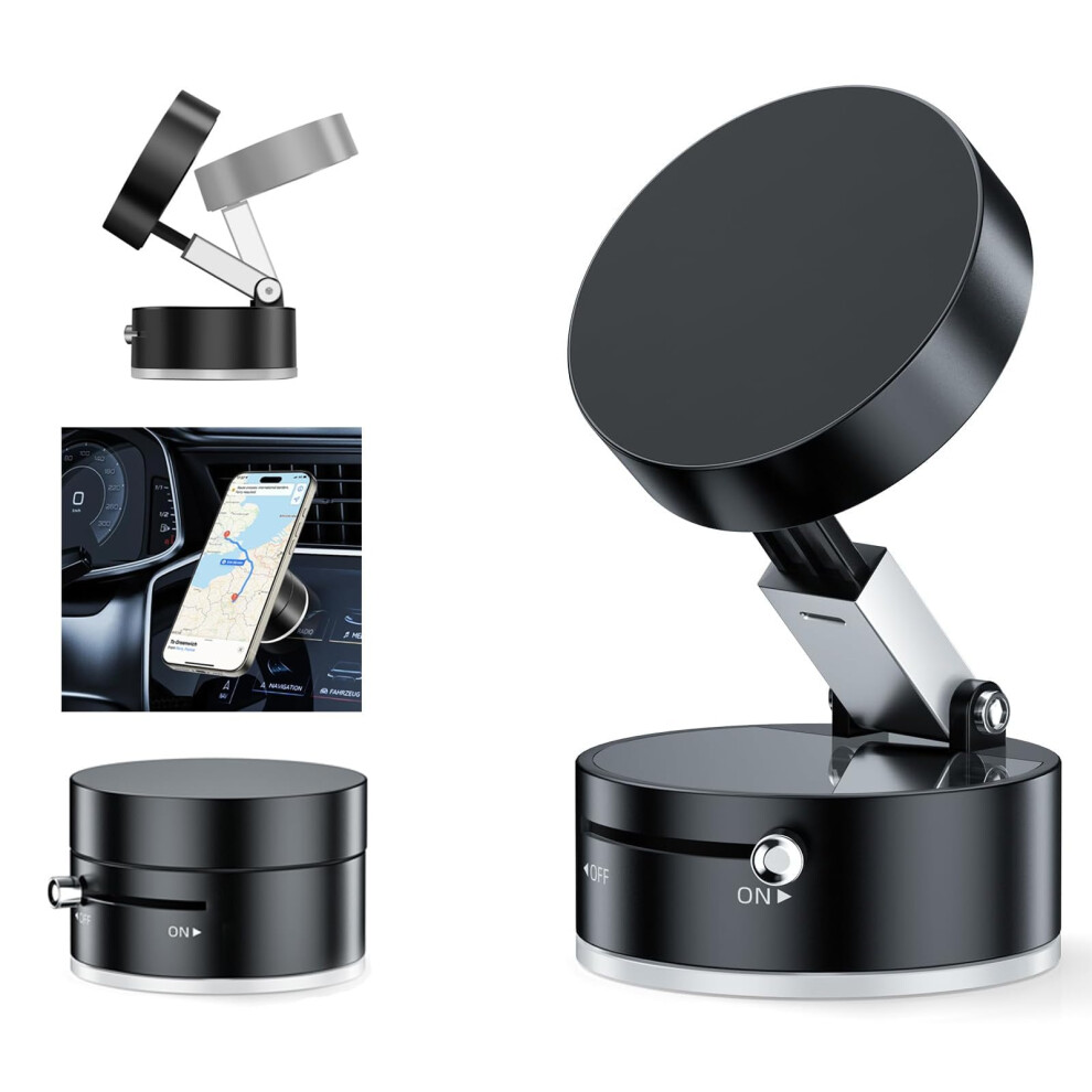 Magnetic Car Phone Holder With Vacuum Suction Lock, Adjustable Dashboard And Windshield Mount, Black 9169991091211