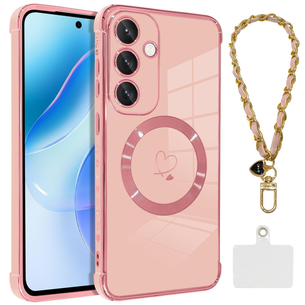 Magnetic Case With Strap For Samsung Galaxy S25 Plus, Shockproof Tpu Cover, Wireless Charging Ready, Heart Design Pink 9073542373407