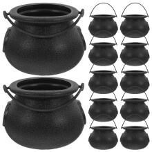 12pcs Halloween Candy Buckets Mini Black Witch Cauldron Durable Plastic Party Favor Containers
