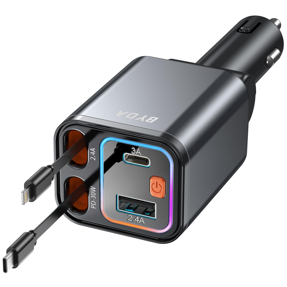 Retractable Car Charger 69W Cigarette Er Usb Fast Dual Connector With Rgb Light/Grey 9073542373513
