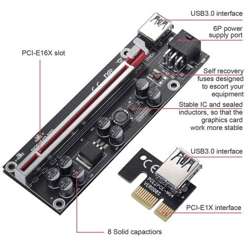 PCI-E Extender to PCI-E 16X Interface with  6Pin Power 1