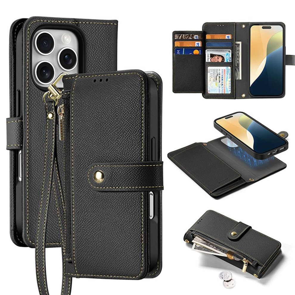 Magnetic Leather Wallet Case With Kickstand And Zipper Card Holder For Iphone 16 Pro Black 9169991092355