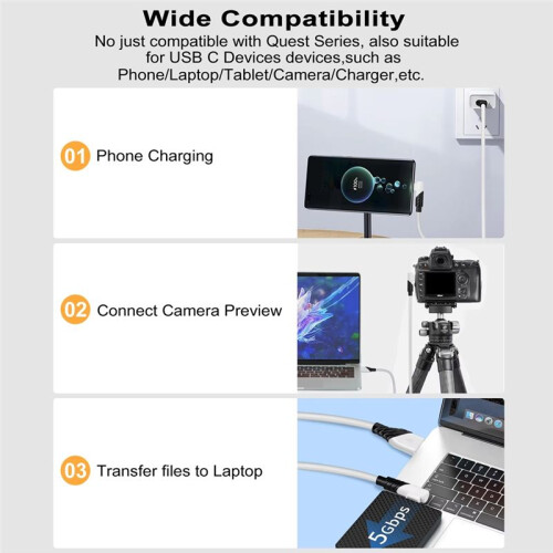 Type C VR Link Cable USB C Data Cable USB3.0 Fast Charging 90 Degree Elbow Gaming Cord for  Quest 1/2 2