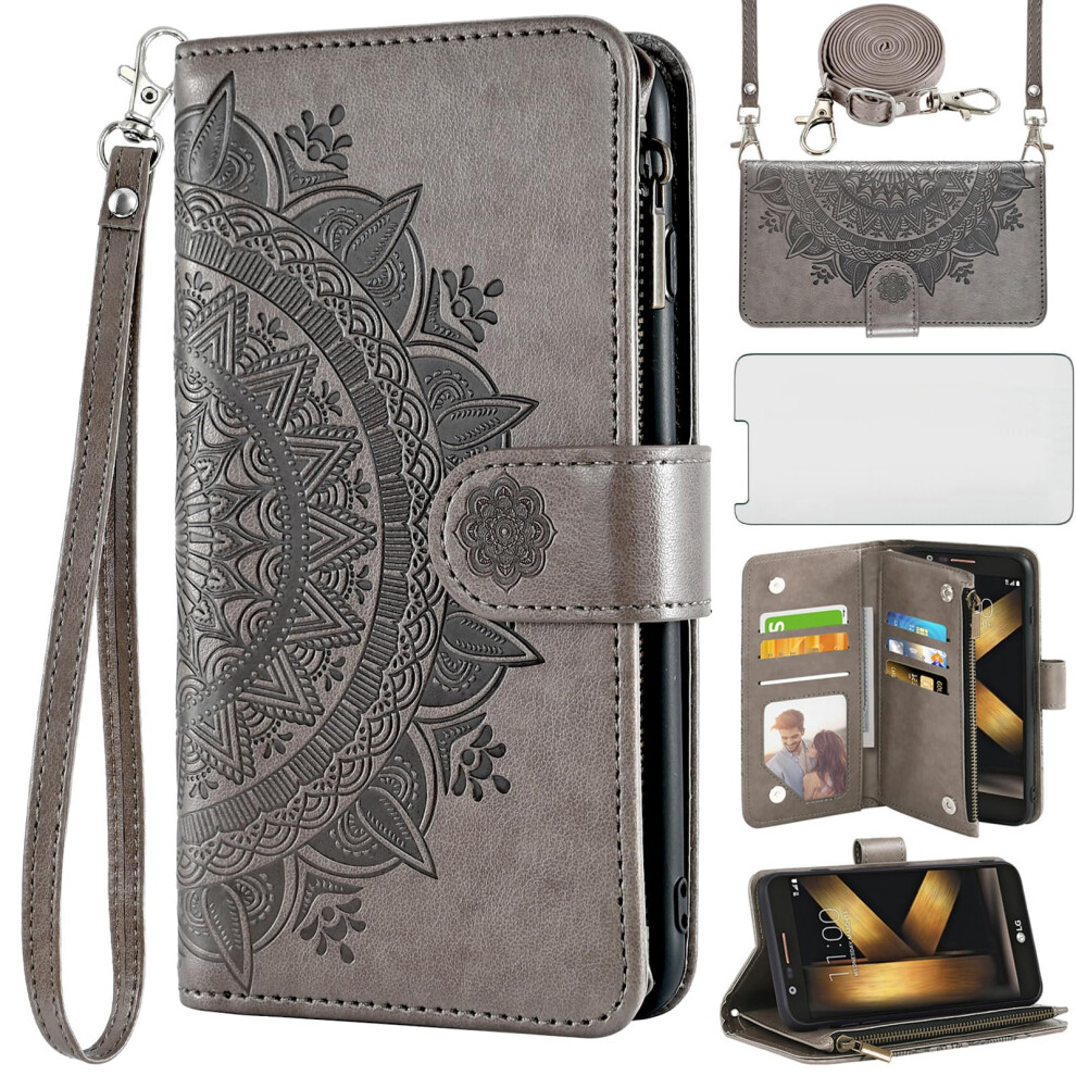Wallet Phone Case For Lg K20 K20 Plus Mandala Design With Card Holder Screen Protector And Lanyard Gray 9073542374510