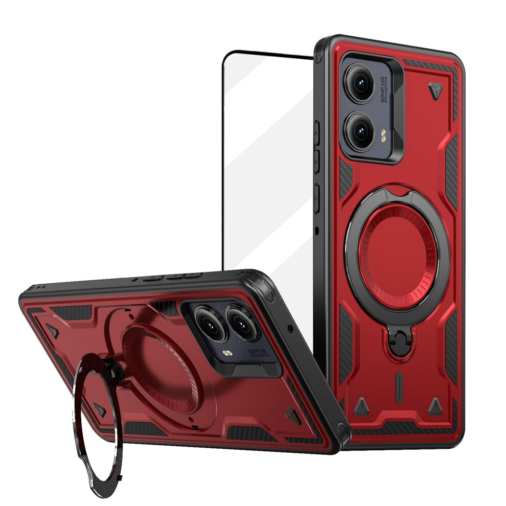 Rugged Case With Screen Protector, Magsafe Compatible, Military Grade, Ring Stand, For Motorola Edge 5G (2024) Red 9073542374565