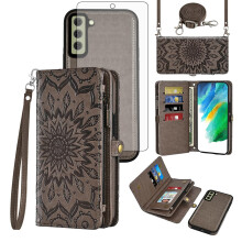 Wallet Case with Zipper, Mandala Flip, Card Holder and Screen Protector for Samsung Galaxy S21 FE 5G