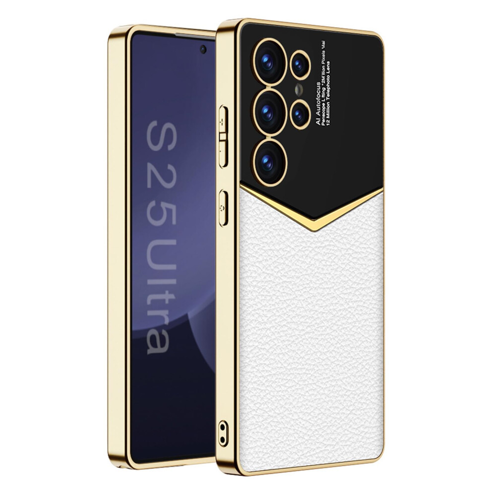 Case Luxury Plating Leather Shockproof Cover With Camera Lens Hole For Samsung Galaxy S25 Plus White 9092120830804
