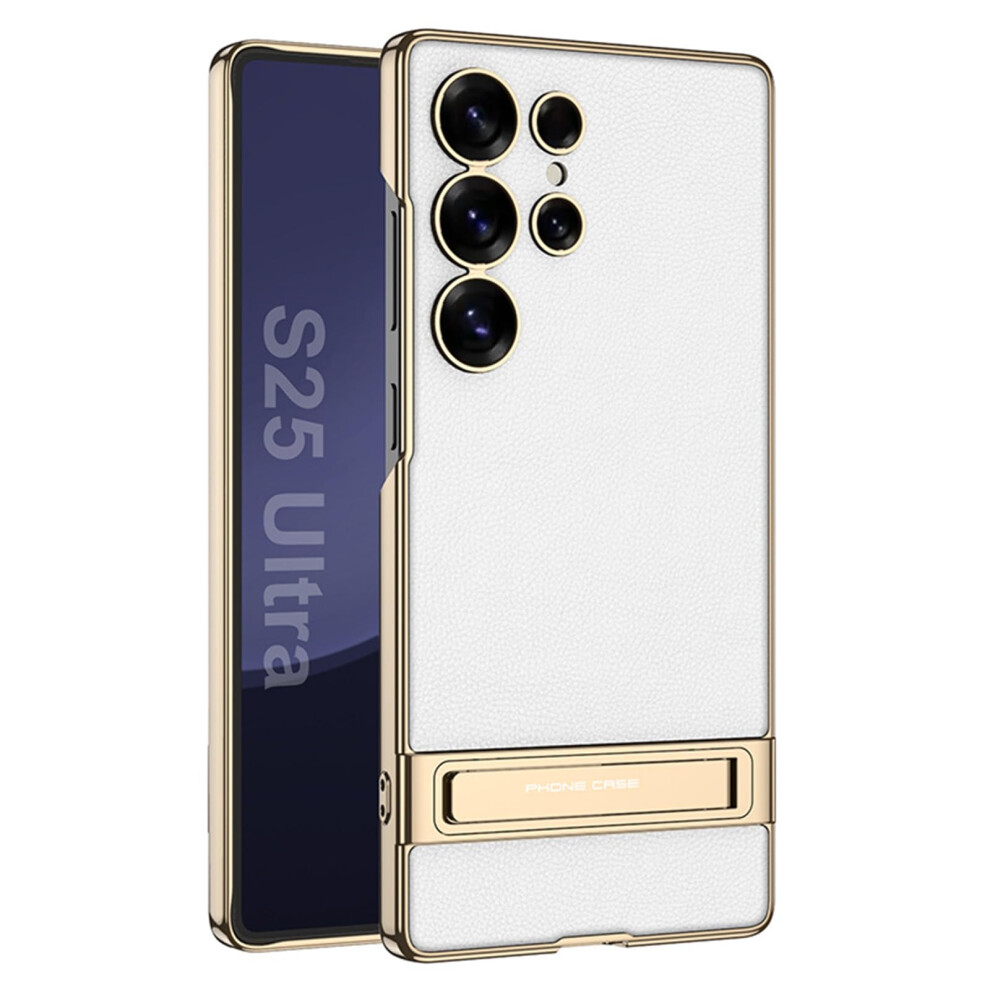 Leather Case With Stand, Wireless Charging, Luxury Electroplated Cover For Samsung Galaxy S25 Ultra White 9169991093239