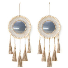 2X Wall Mirror Hanging Wall Mirror with Wood Beads Fringe Handmade Round Decoration Boho Antique Mirror