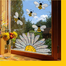 2X Adorable Bees Style Glass Sticker, Bee Window Decals- Sunflower Stained Glass Window Stickers