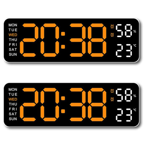 2X Large Digital Wall Clock Temperature and Humidity Week Display Electronic LED Table Alarm Clock 12/24H Orange