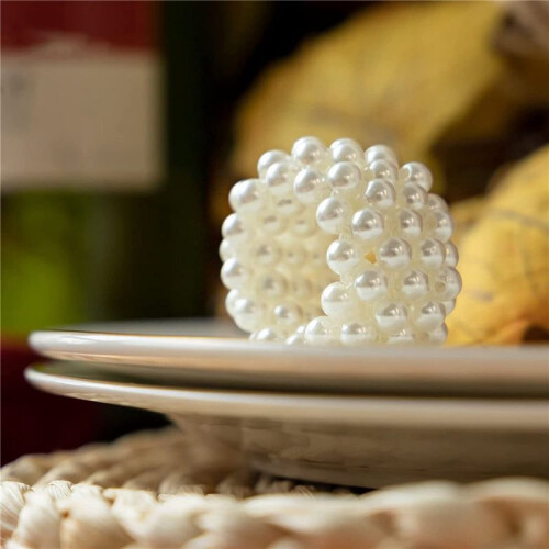 Ensemble de 72 Ronds de Serviette, Décoration de Table de Boucle de Serviette de Mariage en Perles Blanches 1