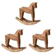 3X Cavallo A Dondolo In Legno Intagliato Vintage, Decorato con Statuette di Artigianali In Legno Intagliato per La Decorazione Della Casa