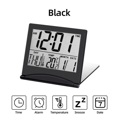 2X Electronic Folding LCD Digital Alarm Clock Desktop Temperature Hygrometer Clock Black 2