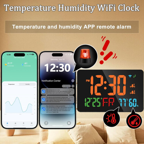 Digital Clock Alarm Clock WiFi Clock, Extra Large Letters, Temperature & Humidity, Calendar, Week,B 1