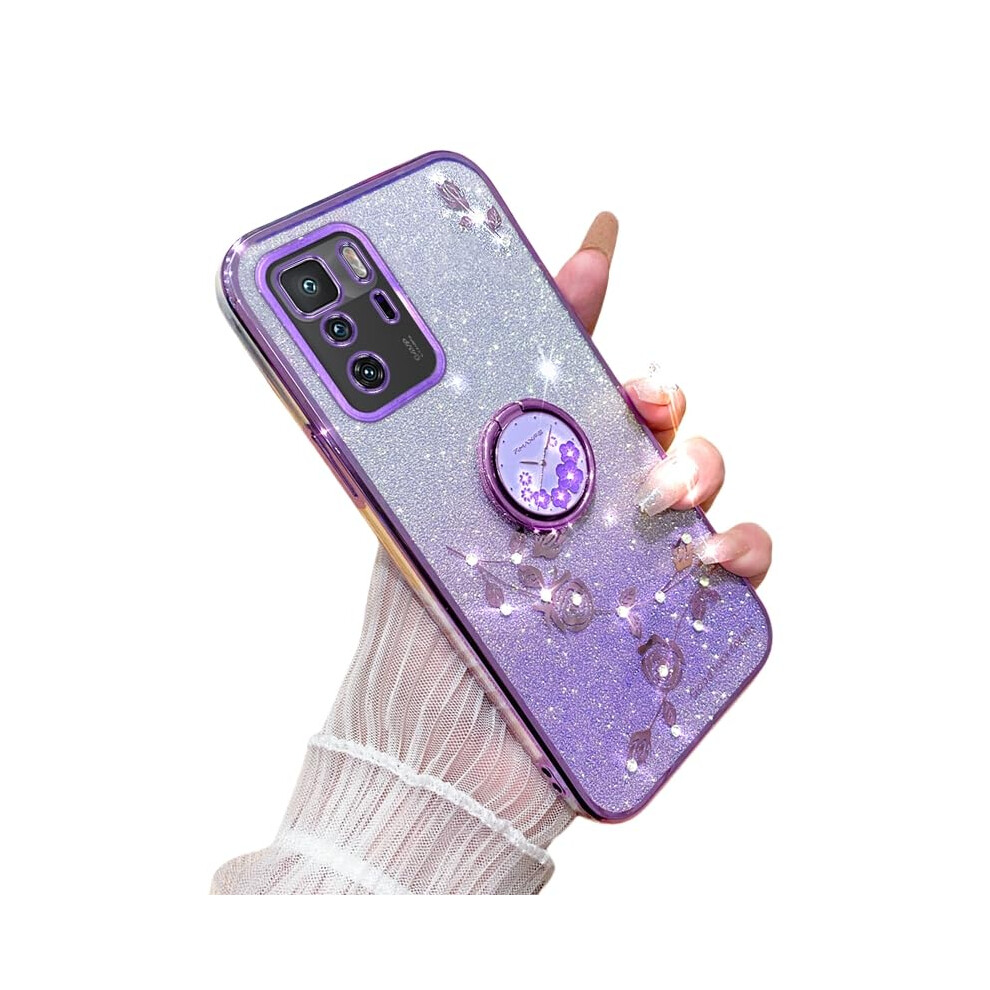Tpu Glitter Flower Shockproof Cover With 360 Metal Ring Stand For Xiaomi Poco X3 Gt Purple 9169991093383