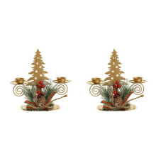 Lot de 2 Bougeoirs en Forme de Pilier pour Sapin de Noël Doré avec Baies et Pignons de Pin pour Décoration de Bureau de Vacances en Métal