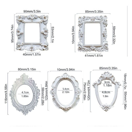 5Pcs  Frames -White Small Vintage Flower Oval Rectangle Baroque Frames Table Top Frame for Holiday Partys Decor