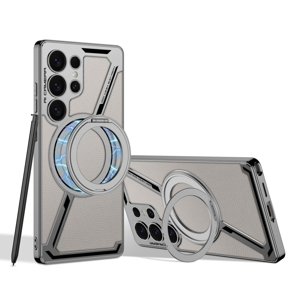 Leather Case Magnetic Bracket Shockproof Wireless Charging For Samsung Galaxy S25 Ultra White 9169991093413
