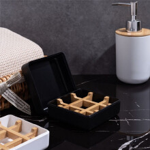 Paquet de 2 Porte-Savon en Bambou avec Couvercle et Bande de Fixation, Porte-Savon de Salle de Bain, Porte-Savon de Portable, Noir