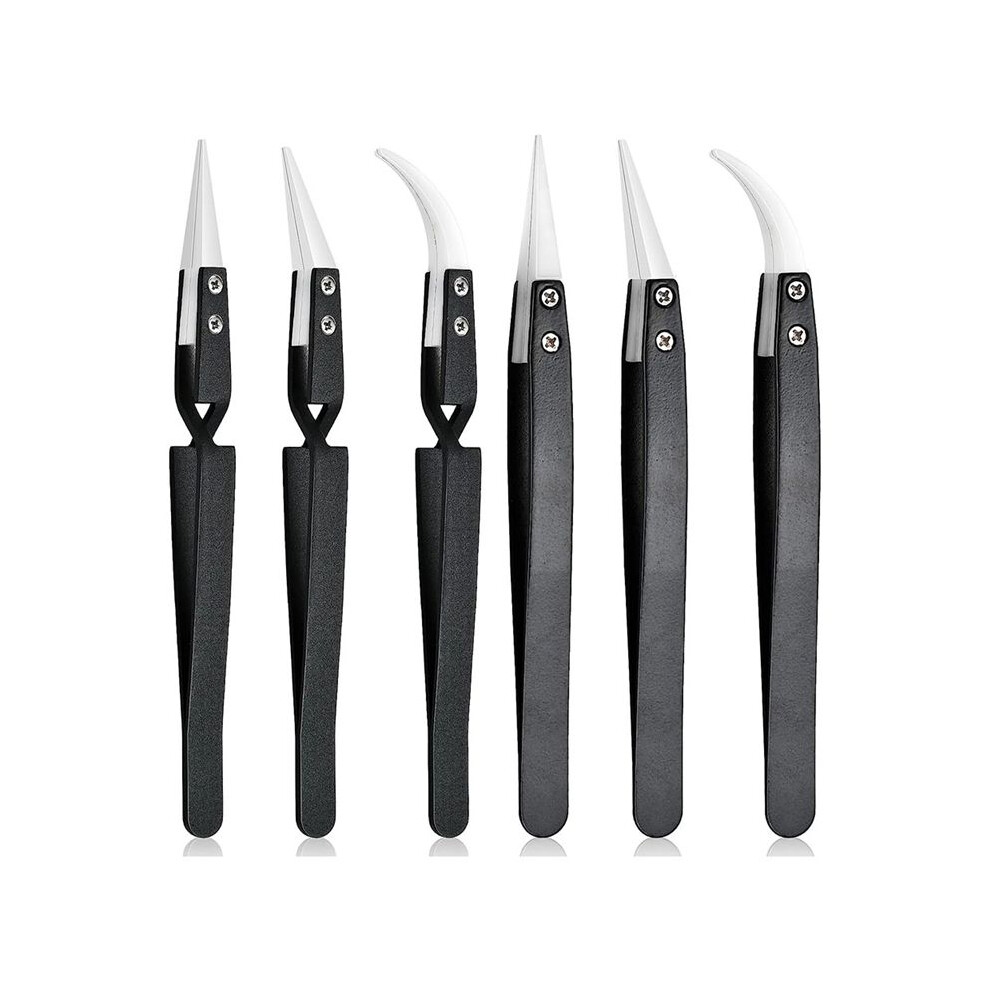 6Pcs Precision Reverse Ceramic Tweezers Set, Resistant Electronics Soldering Tweezers Anti-Magnetic Pointed for Solder A