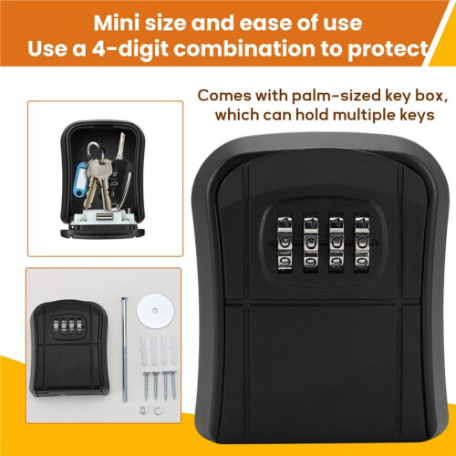 Key Box Wall Mounted  Key Safe Outdoor Key Box with Resettable 4-Digit Numeric Code Waterproof Key Box (Black) 2