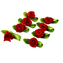 100pcs Satin Ribbon Rose Flower Leaf Wedding Decor Appliques Sewing DIY Main Color:Red