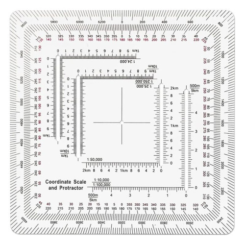 Square Military Coordinate Scale Protractor for Land Navigation, Military Style UTM/MGRS Coordinate Scale