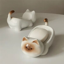 Siamese Cat Ceramic Soap Dish, Cute Cartoon Design, Perforation-Free, Small Art Drain Dish for Household Use White