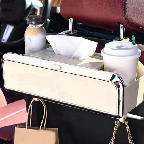 Multi-Functional Car Tissue Box with Hooks for Organizing Travel  Silver Plated Black