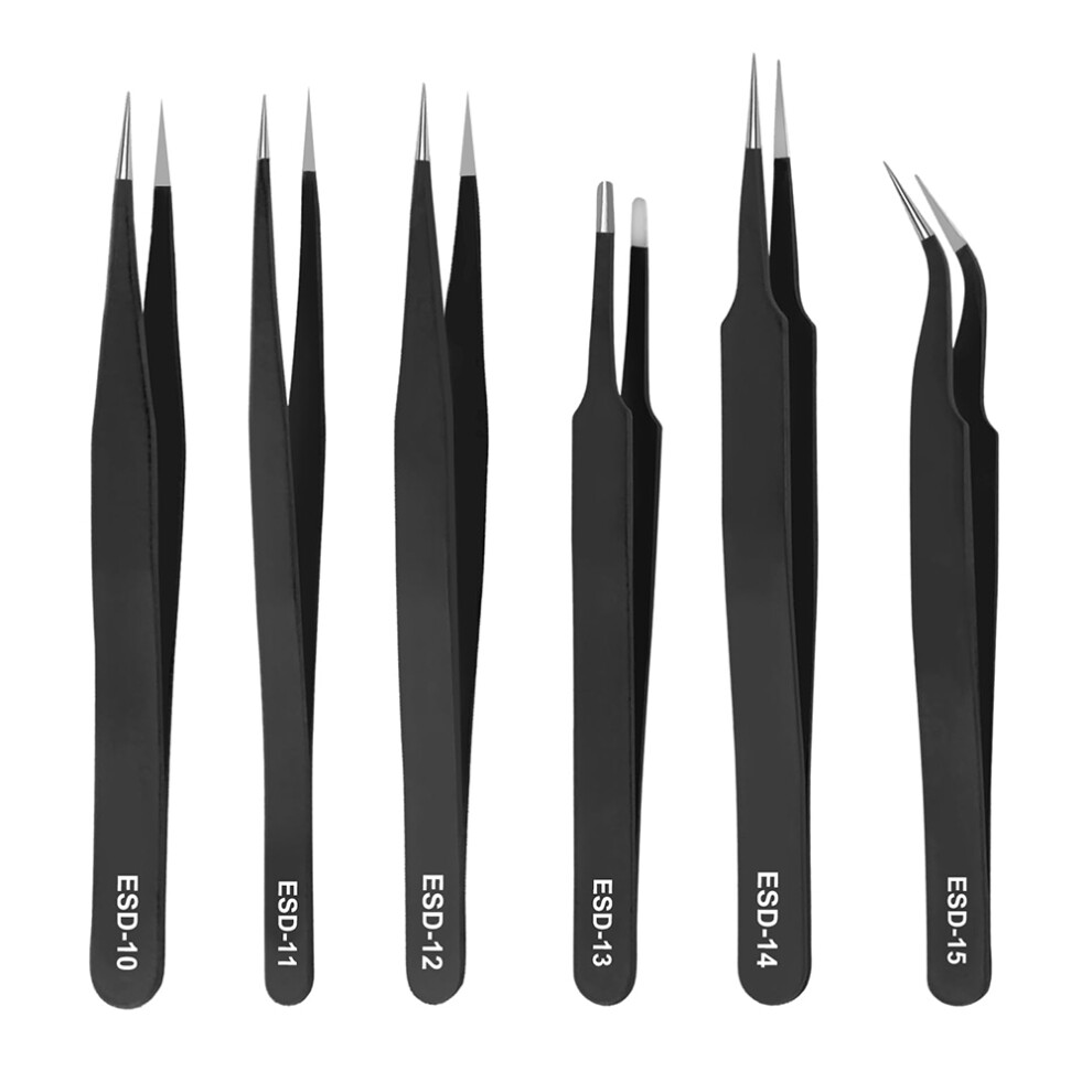 Precision Tweezers Set,Upgraded Anti-Static Stainless Steel Tweezers, for Electronics Repair, Model Building 6PCS