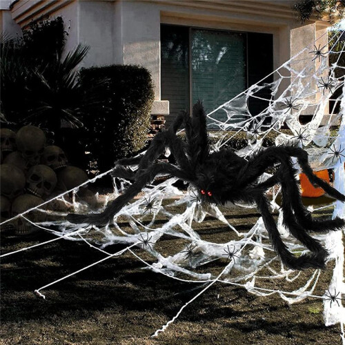 Conjunto de Decoração Teia Aranha de Halloween, 275 Polegadas, Teia de Aranha Triangular Enorme + Aranha Falsa Gigante de 78 Polegadas, Decoração 2