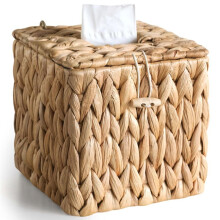 Funda de Ratán con Tapa para Caja de Pañuelos, Soporte Cuadrado para Caja de Pañuelos, Soporte Decorativo Bohemio con Forma de Cubo de Jacinto de