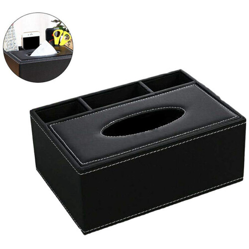 2X PU Tissue Box Remote Control Holder Multifunctional Desktop Organizer Pencil Scissor Container (Black) 1
