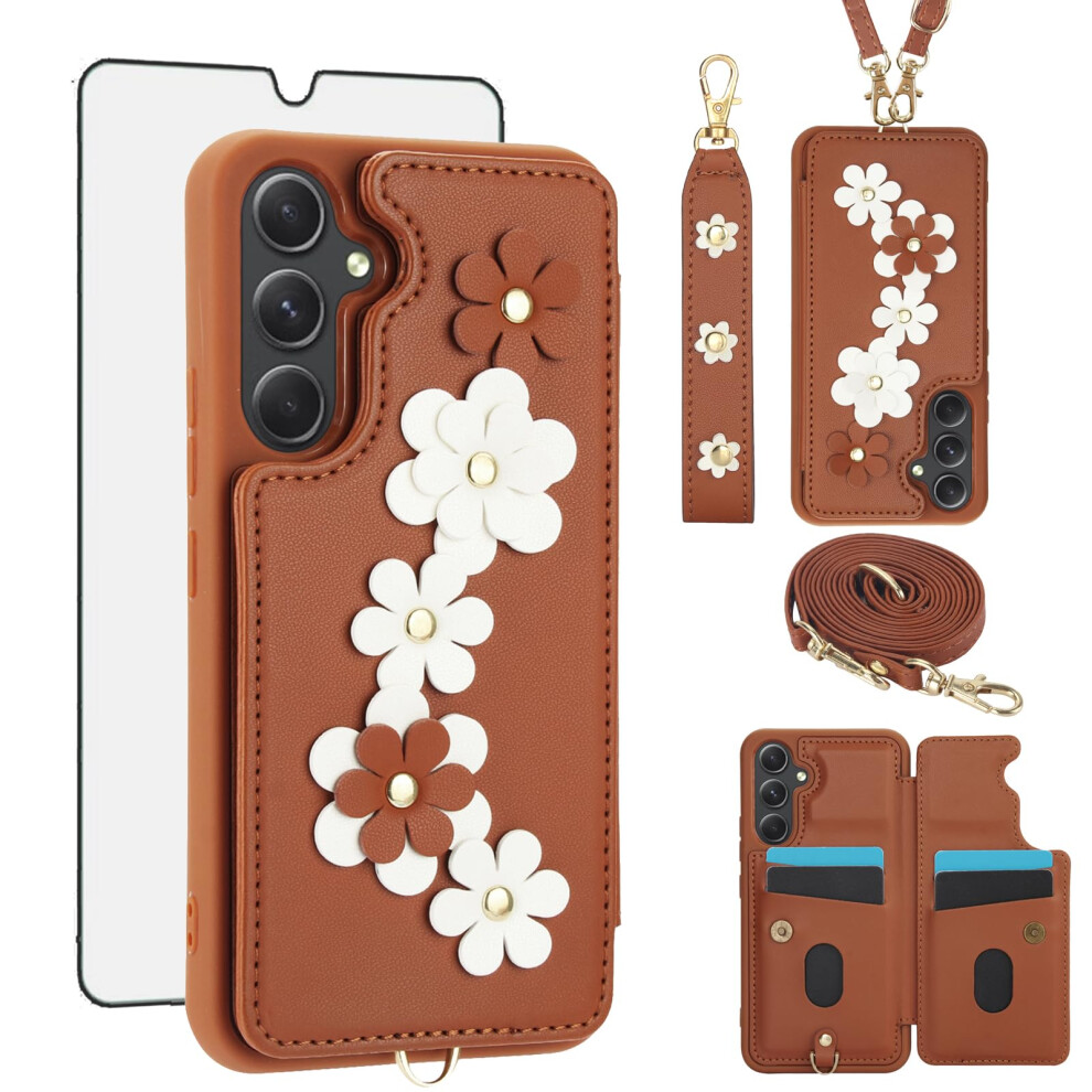 Wallet Case With Strap Card Holder Floral Cover And Screen Protector For Samsung Galaxy A54 5G 9073542375258
