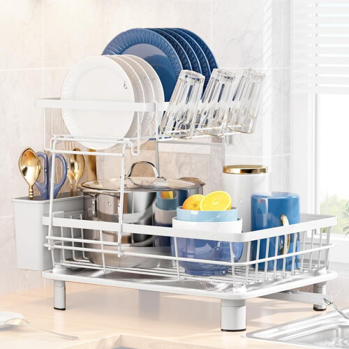 2 Tier Dish Drainer Rack with Drip Tray Kitchen UK 2